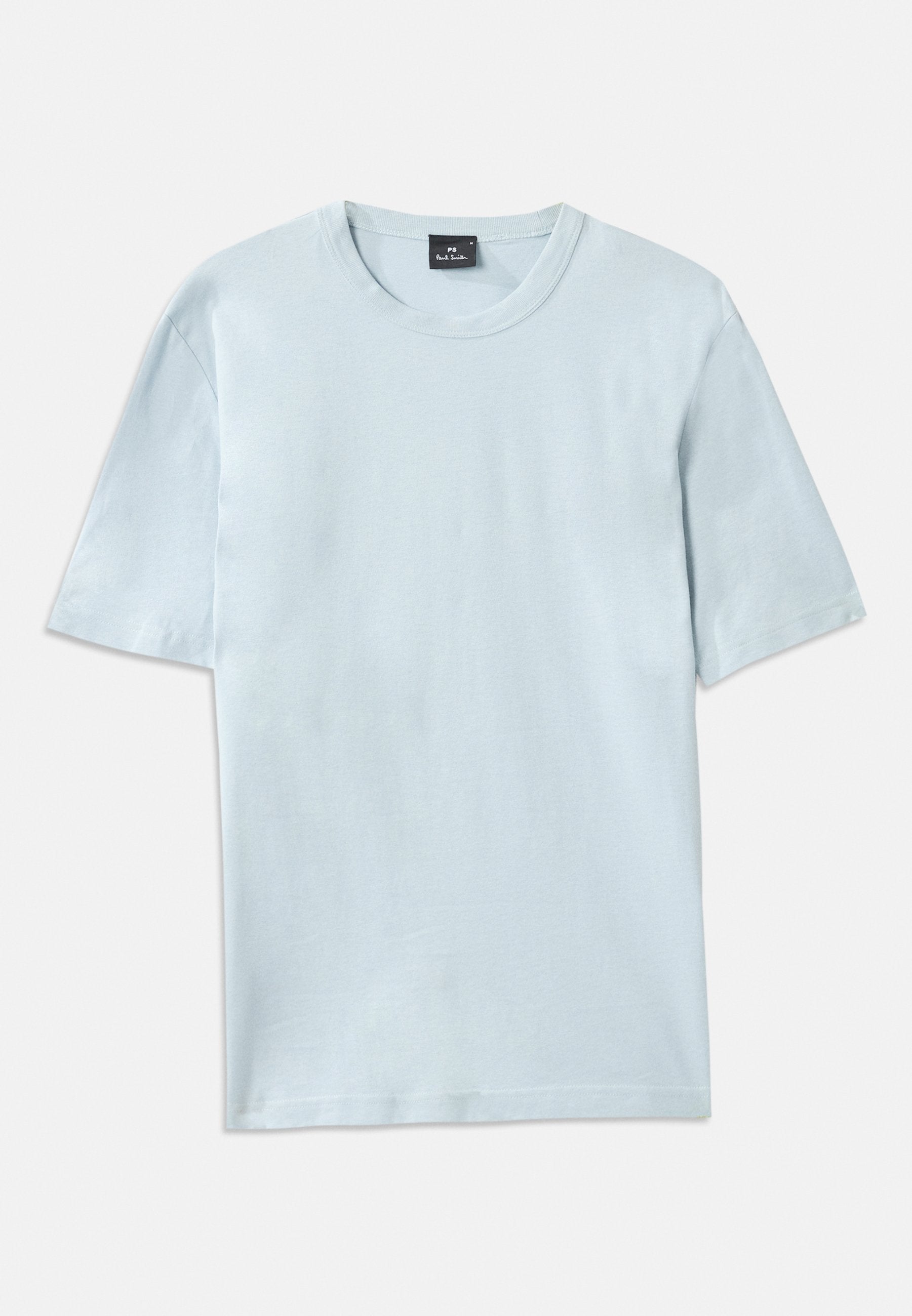 Himmelblaues Baumwoll-T-Shirt mit einem Rundhalsausschnitt und kurzen Ärmeln. Der Stoff hat eine glatte Textur und ein legeres Schnittdesign.