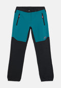 Türkis-schwarze Outdoor-Hose mit figurbetontem Schnitt, zwei Reißverschlusstaschen, kontrastierenden Farbakzenten und verstärkten Bereichen.