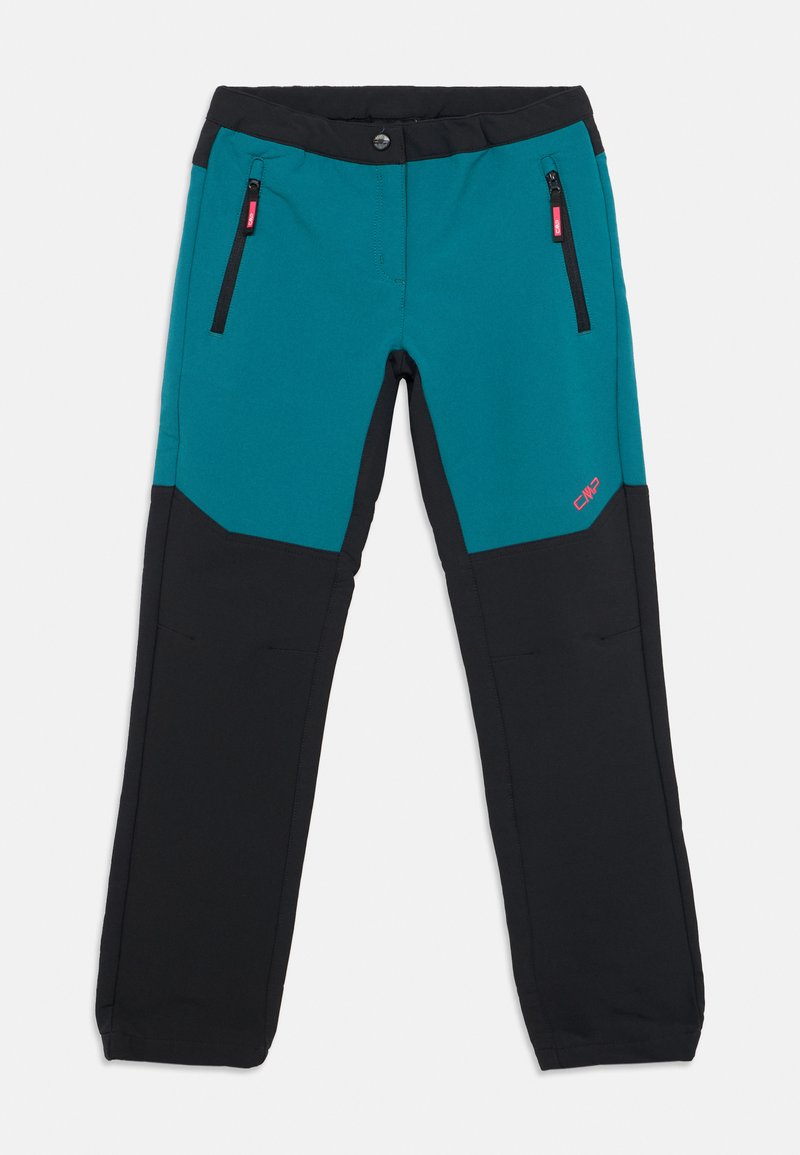 Türkis-schwarze Outdoor-Hose mit figurbetontem Schnitt, zwei Reißverschlusstaschen, kontrastierenden Farbakzenten und verstärkten Bereichen.