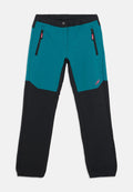 Türkis-schwarze Outdoor-Hose mit figurbetontem Schnitt, zwei Reißverschlusstaschen, kontrastierenden Farbakzenten und verstärkten Bereichen.