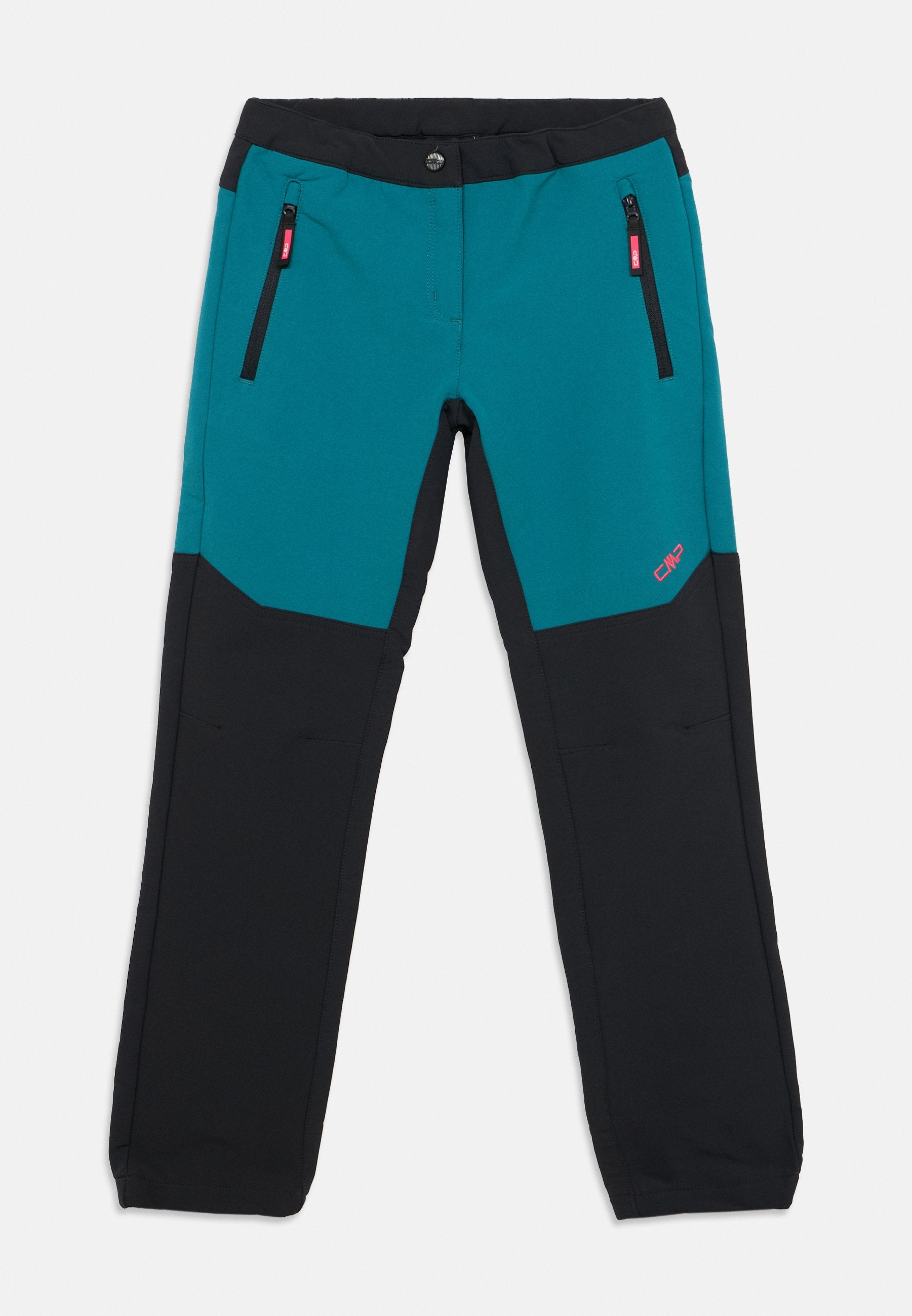 Türkis-schwarze Outdoor-Hose mit figurbetontem Schnitt, zwei Reißverschlusstaschen, kontrastierenden Farbakzenten und verstärkten Bereichen.