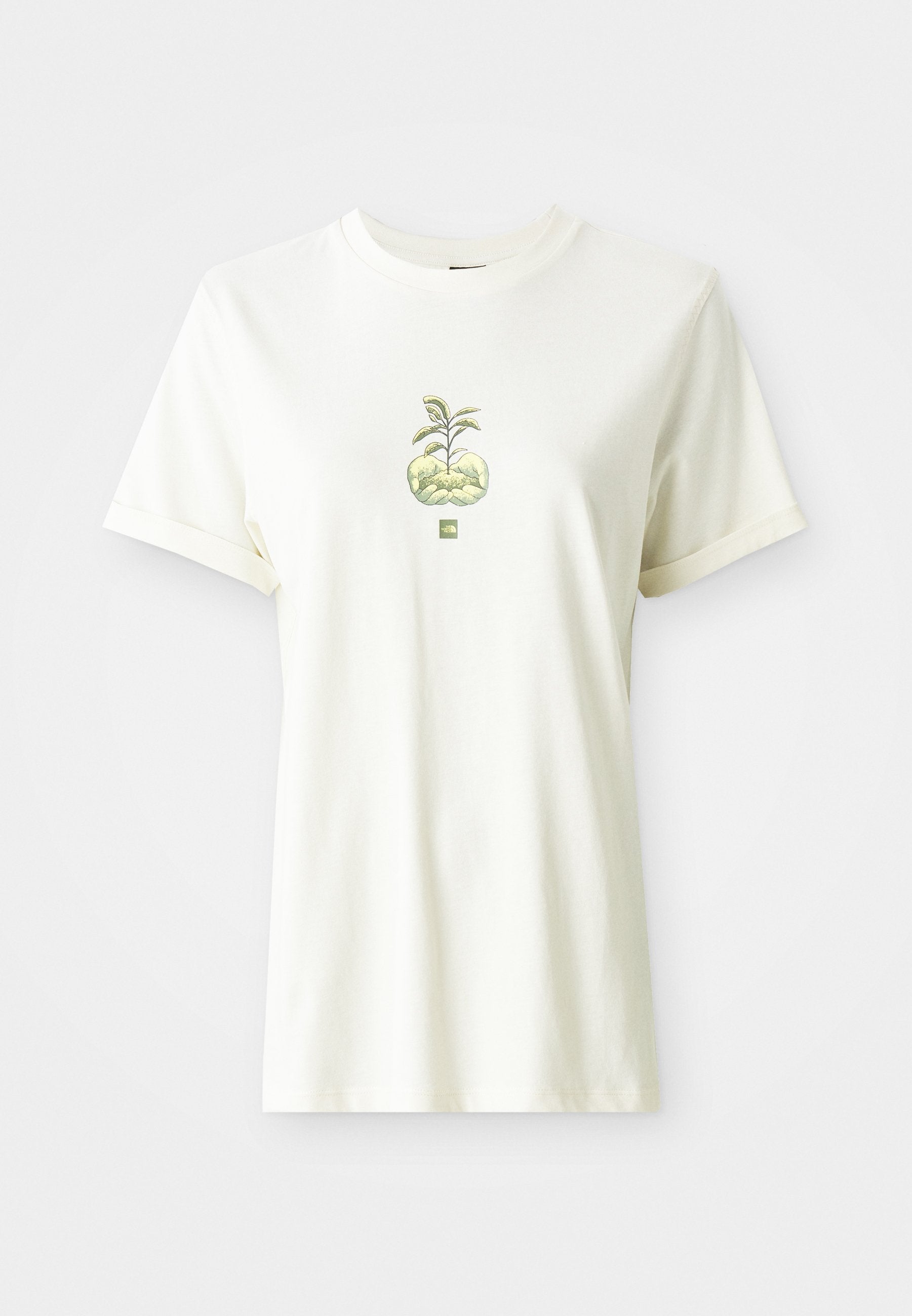 Weißes T-Shirt mit kurzen Ärmeln, auf dem ein grünes Pflanze-Design zu sehen ist, das aus zwei aufgeschlossenen Händen wächst und sich auf der Brustmitte befindet.