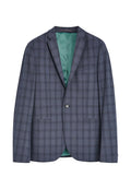 Gekämmter Blazer aus dunkelblauem und grauem Stoff mit grünem Satinfutter, Reverskragen, einem Knopfverschluss und zwei vorderen Taschen.