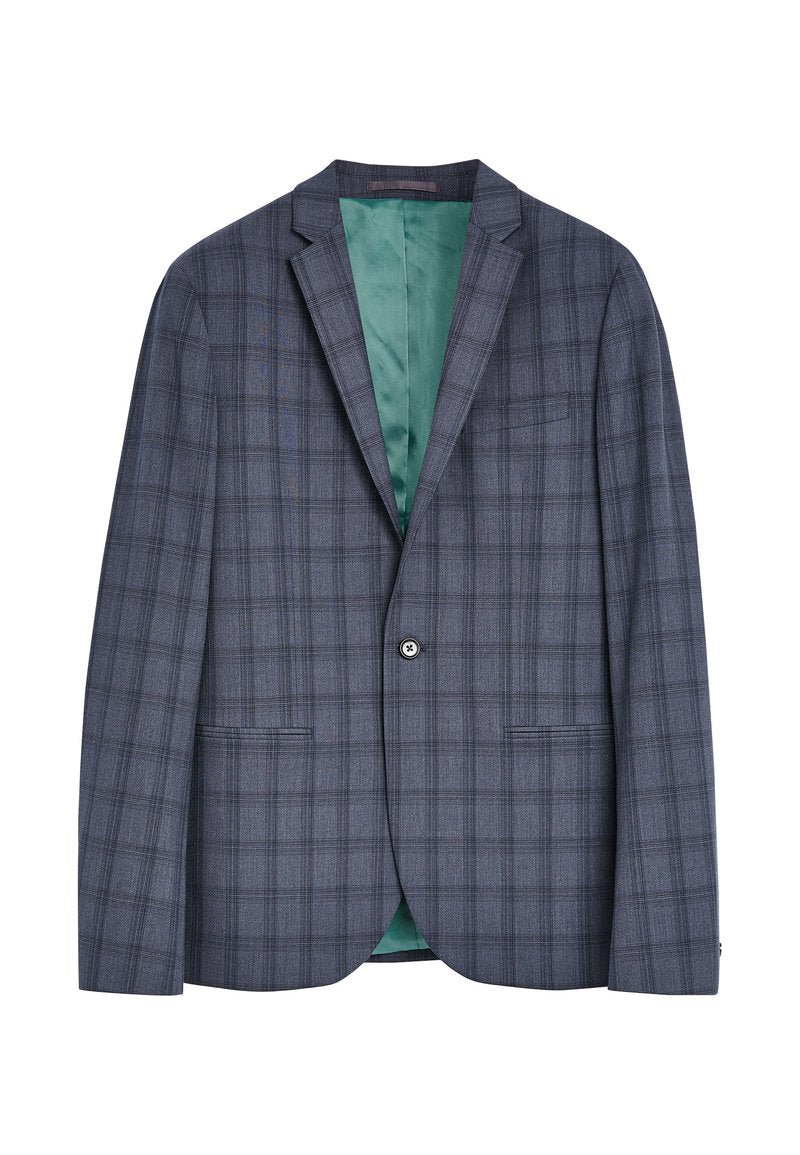 Gekämmter Blazer aus dunkelblauem und grauem Stoff mit grünem Satinfutter, Reverskragen, einem Knopfverschluss und zwei vorderen Taschen.