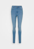 Schlanke blaue Jeans aus Denim mit hoher Taille, vorderen Taschen und einem Reißverschluss. Hat eine leichte Ausbleichung und Stichdetails entlang der Nähte.