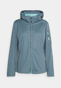 Blaustichige Outdoor-Jacke mit durchgehendem Reißverschluss, verstellbarer Kapuze, Seitentaschen und einer Reißverschlusstasche am Ärmel. Glattes, leichtes Material.