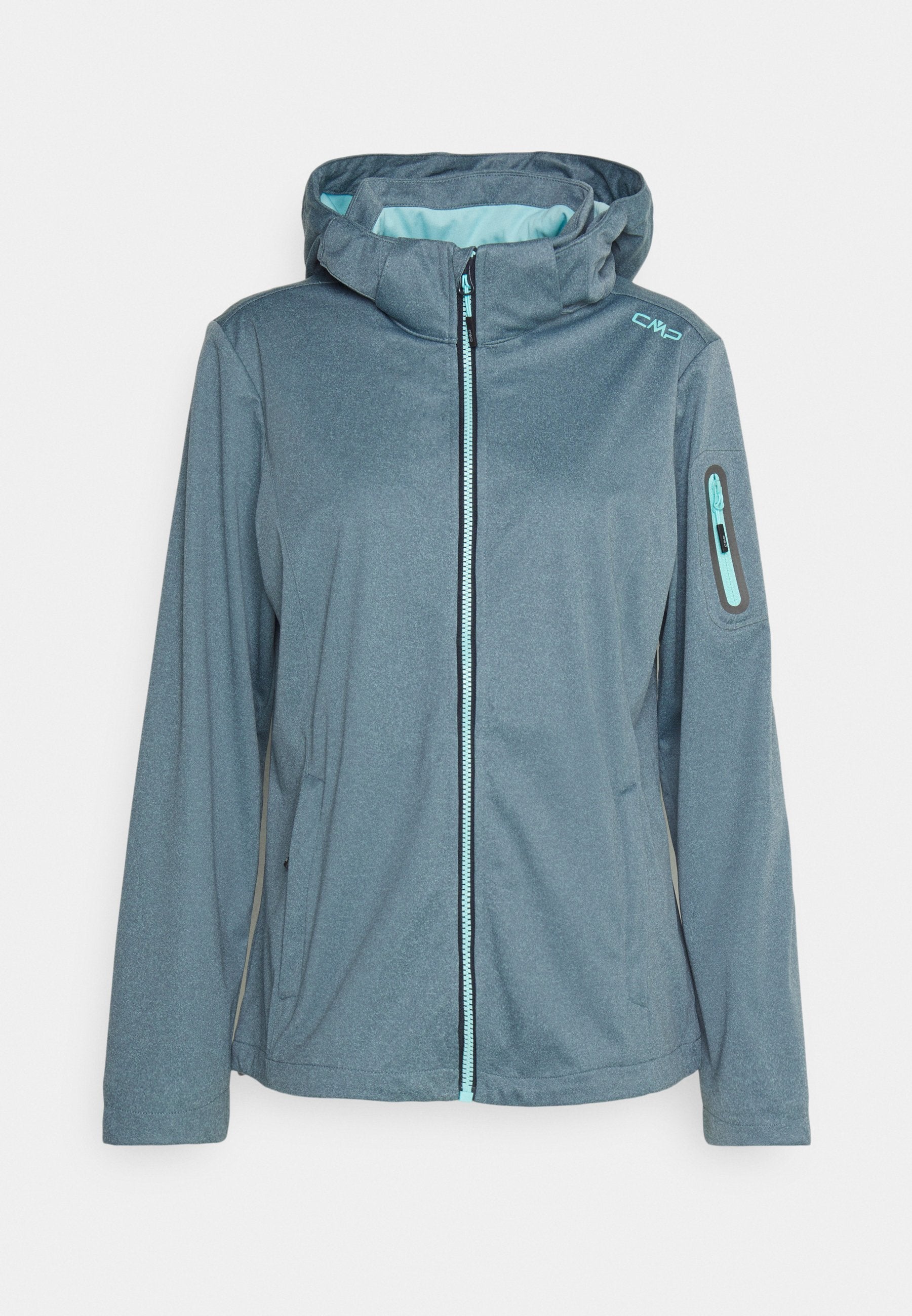 Blaustichige Outdoor-Jacke mit durchgehendem Reißverschluss, verstellbarer Kapuze, Seitentaschen und einer Reißverschlusstasche am Ärmel. Glattes, leichtes Material.