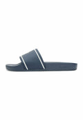 Marineblaue Pantoletten mit weißen Streifen am Riemen und "JEANS" auf der Seite der Sohle geprägt.