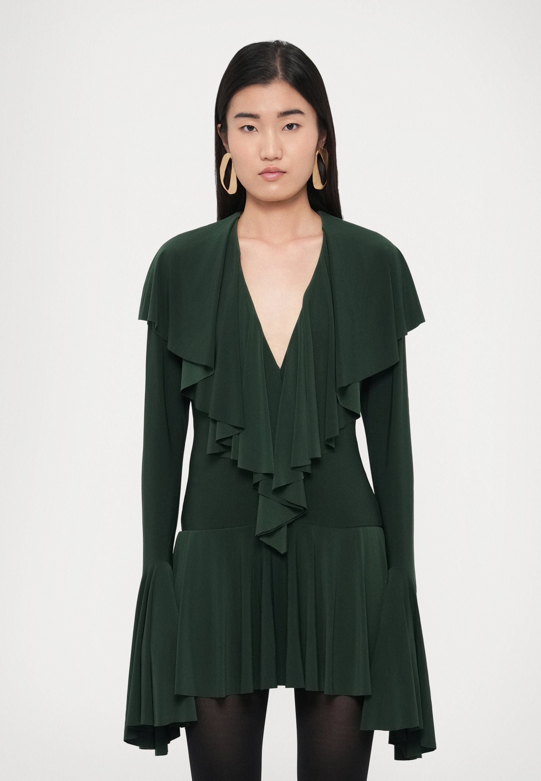 Norma Kamali LONG SLEEVE DEEP V RUFFLE DRESS