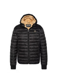 Schwarze Puffjacke mit Reißverschluss, Kapuze, gerippten Bündchen und einem tanfarbigen, pelzigen Futter. Mit einem kleinen Logo auf der Brust.