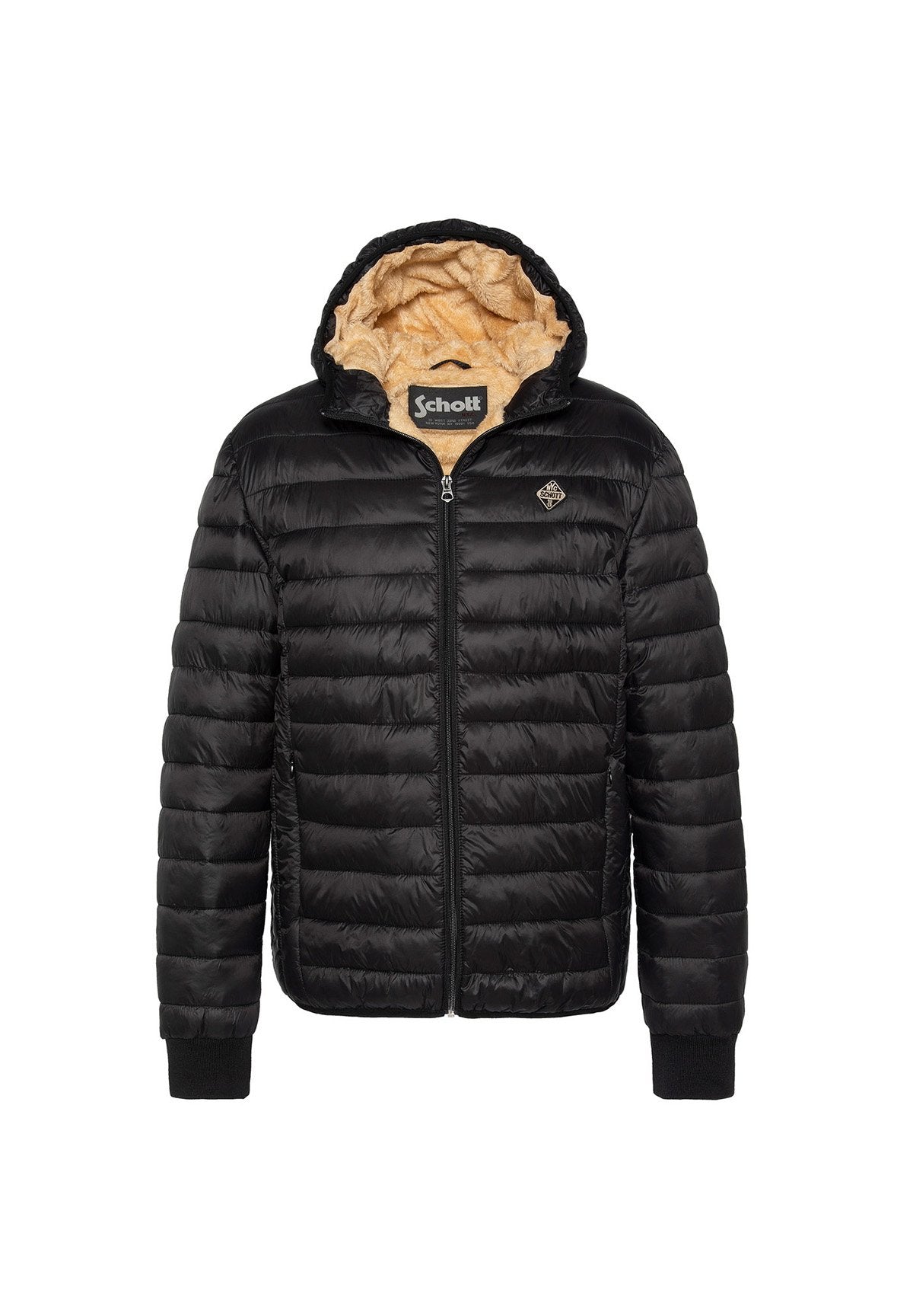 Schwarze Puffjacke mit Reißverschluss, Kapuze, gerippten Bündchen und einem tanfarbigen, pelzigen Futter. Mit einem kleinen Logo auf der Brust.