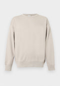 Beiges Sweatshirt mit Rundhalsausschnitt, langen Ärmeln, gerippten Bündchen und Saum sowie einem kleinen, eingenähten Dreieck unterhalb des Halsausschnitts.