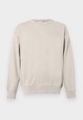 Beiges Sweatshirt mit Rundhalsausschnitt, langen Ärmeln, gerippten Bündchen und Saum sowie einem kleinen, eingenähten Dreieck unterhalb des Halsausschnitts.