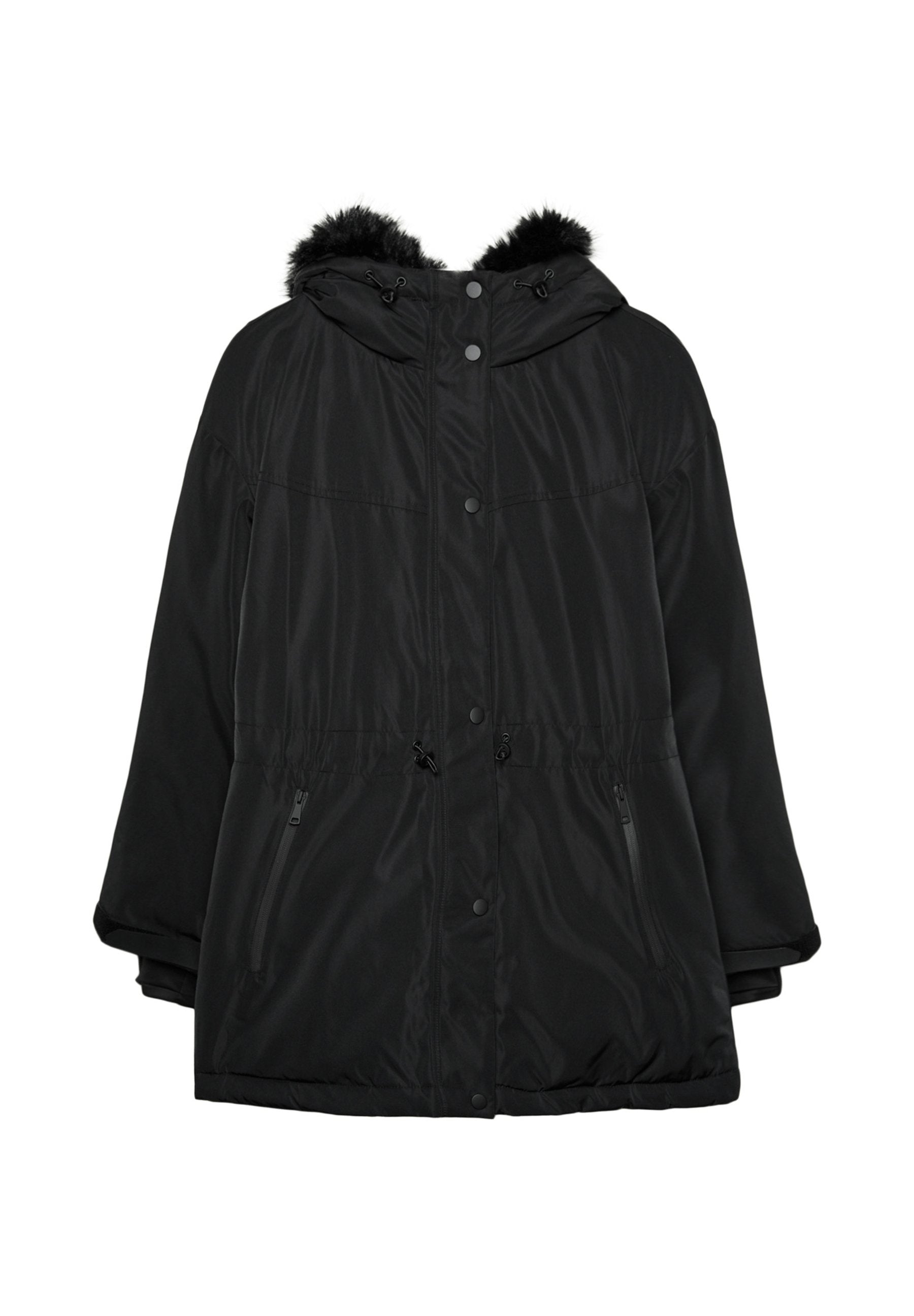 Schwarze isolierte Jacke mit Kapuze und Kunstfellbesatz, mit Reißverschlusstaschen an den Seiten und verstellbarem Kordelzug in der Taille. Weiche, glatte Textur.