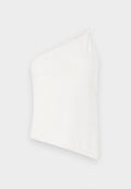Asymmetrisches weißes Oberteil mit einem Träger, glatter Textur, körperbetonter Passform und einem sauberen, minimalistischen Look. Keine zusätzlichen Muster oder Akzente.