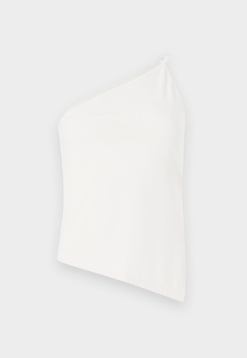 Asymmetrisches weißes Oberteil mit einem Träger, glatter Textur, körperbetonter Passform und einem sauberen, minimalistischen Look. Keine zusätzlichen Muster oder Akzente.