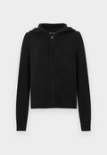 Schwarzer Kapuzenpullover mit Reißverschluss, strukturiertem Strickmuster, Kapuze sowie gerippten Bündchen und Saum. Verfügt über eine moderne, figurbetonte Silhouette.