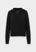 Schwarzer Kapuzenpullover mit Reißverschluss, strukturiertem Strickmuster, Kapuze sowie gerippten Bündchen und Saum. Verfügt über eine moderne, figurbetonte Silhouette.