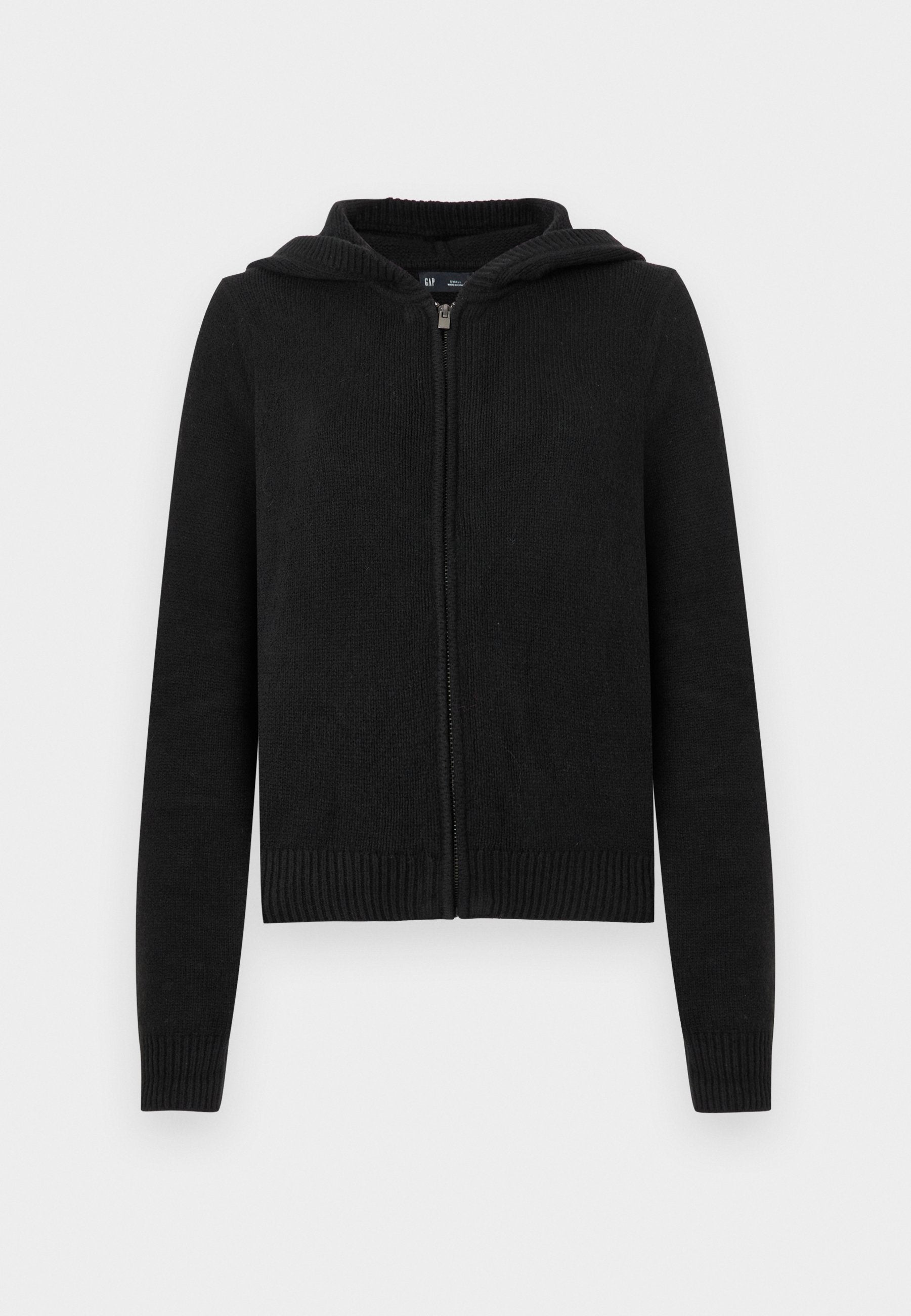 Schwarzer Kapuzenpullover mit Reißverschluss, strukturiertem Strickmuster, Kapuze sowie gerippten Bündchen und Saum. Verfügt über eine moderne, figurbetonte Silhouette.