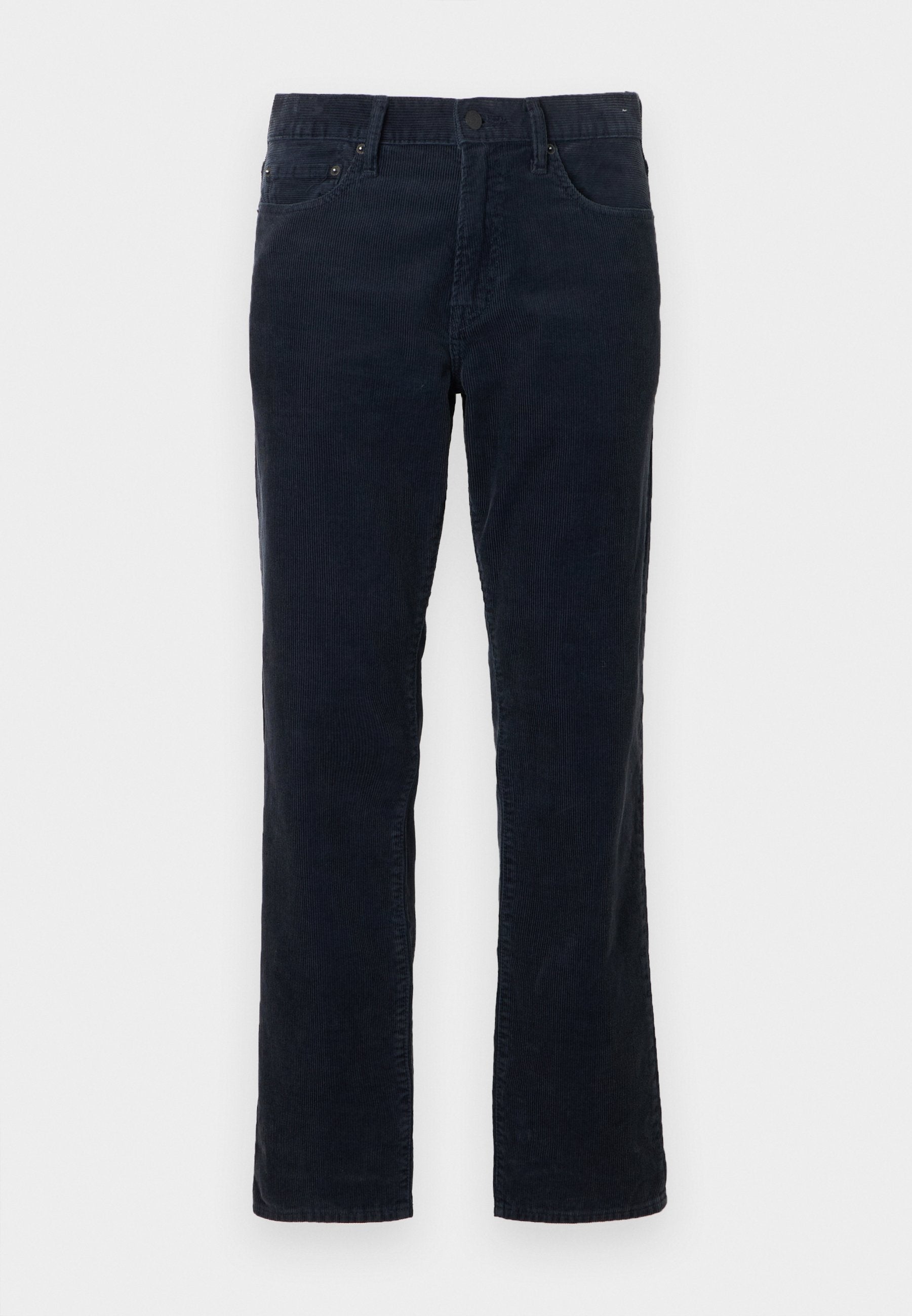 Dunkelblaue Cordhose mit geradem Bein, vorn Taschen, Reißverschluss mit Knopfverschluss und dezent vertikal gerippter Struktur.