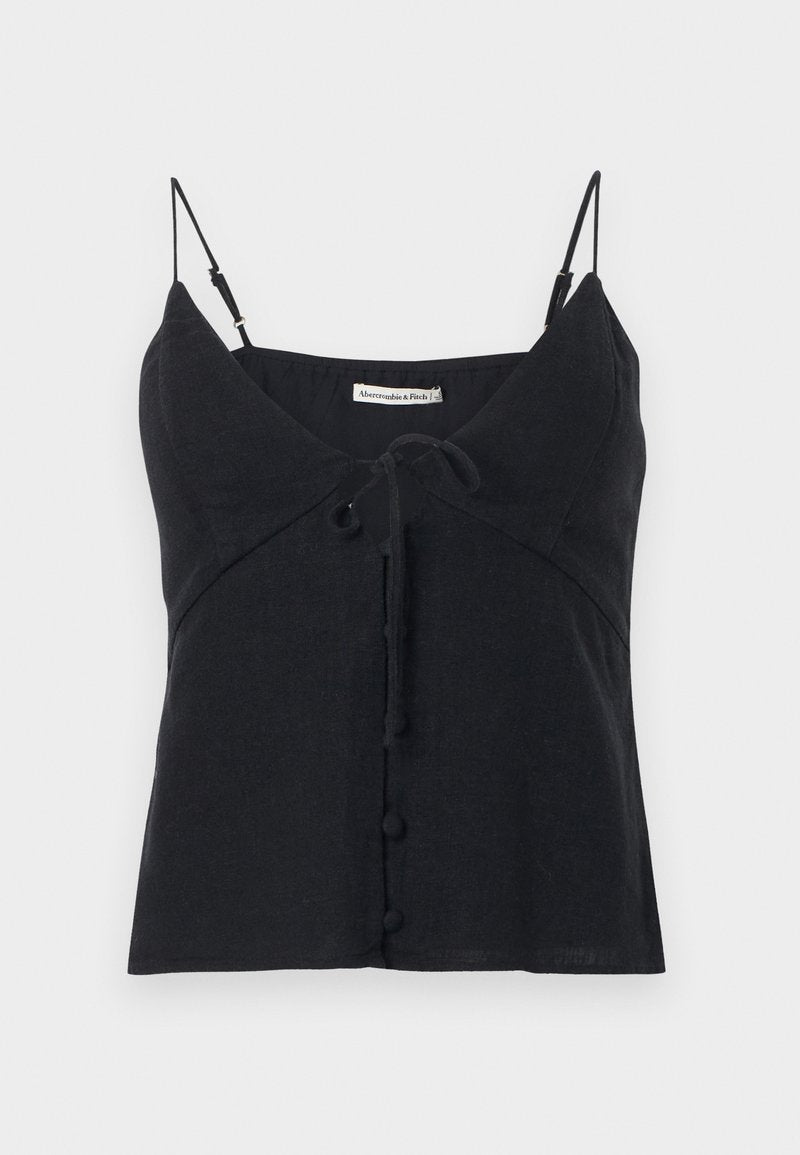 Schwarzes ärmelloses Tanktop mit dünnen verstellbaren Trägern, vorn mit Knoten und verdeckten Knopfdetails von Abercrombie & Fitch.
