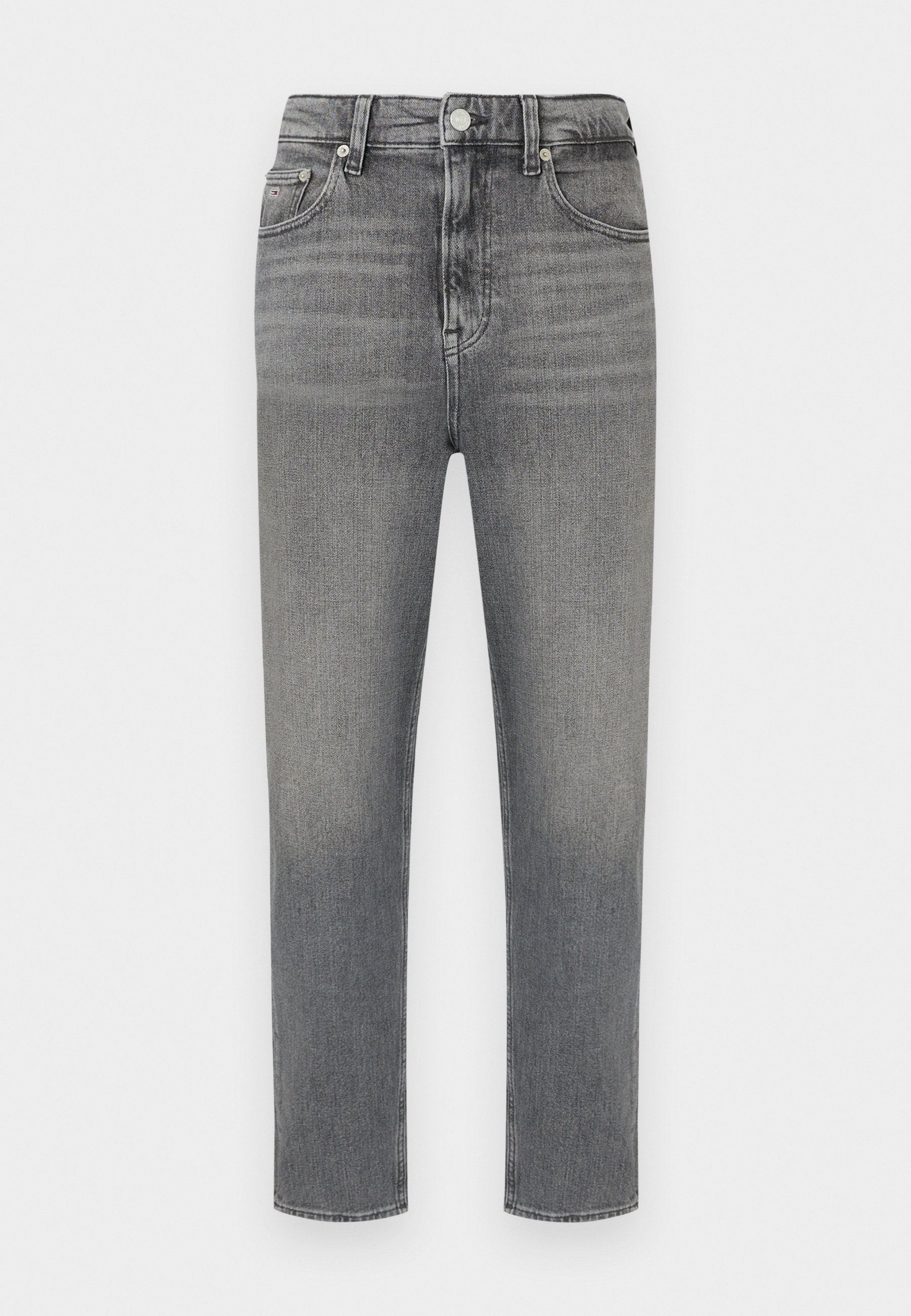 Graue, hoch taillierte Slim-Fit-Jeans mit Knopf- und Reißverschluss, Taschen vorne und hinten sowie dezenten, ausgewaschenen Details.
