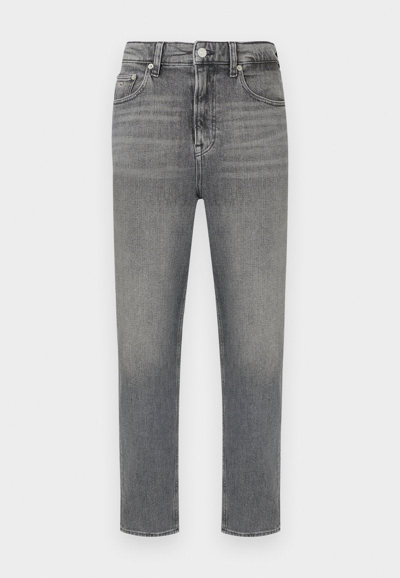 Graue, hoch taillierte Slim-Fit-Jeans mit Knopf- und Reißverschluss, Taschen vorne und hinten sowie dezenten, ausgewaschenen Details.
