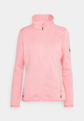 Helle rosa Fleecejacke mit hohem Kragen, vollem Reißverschluss, seitlichen Taschen und einer Reißverschlusstasche am Arm. Strukturiertes Gewebe mit weicher Oberfläche.