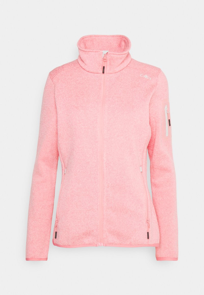 Helle rosa Fleecejacke mit hohem Kragen, vollem Reißverschluss, seitlichen Taschen und einer Reißverschlusstasche am Arm. Strukturiertes Gewebe mit weicher Oberfläche.