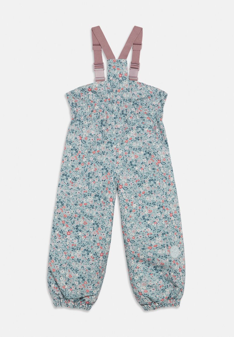 Blumenoverall in Hellblau mit pinken und grünen Akzenten. Elastischer Bund und Säume, verstellbare pinke Träger und ein gerafftes Oberteil.