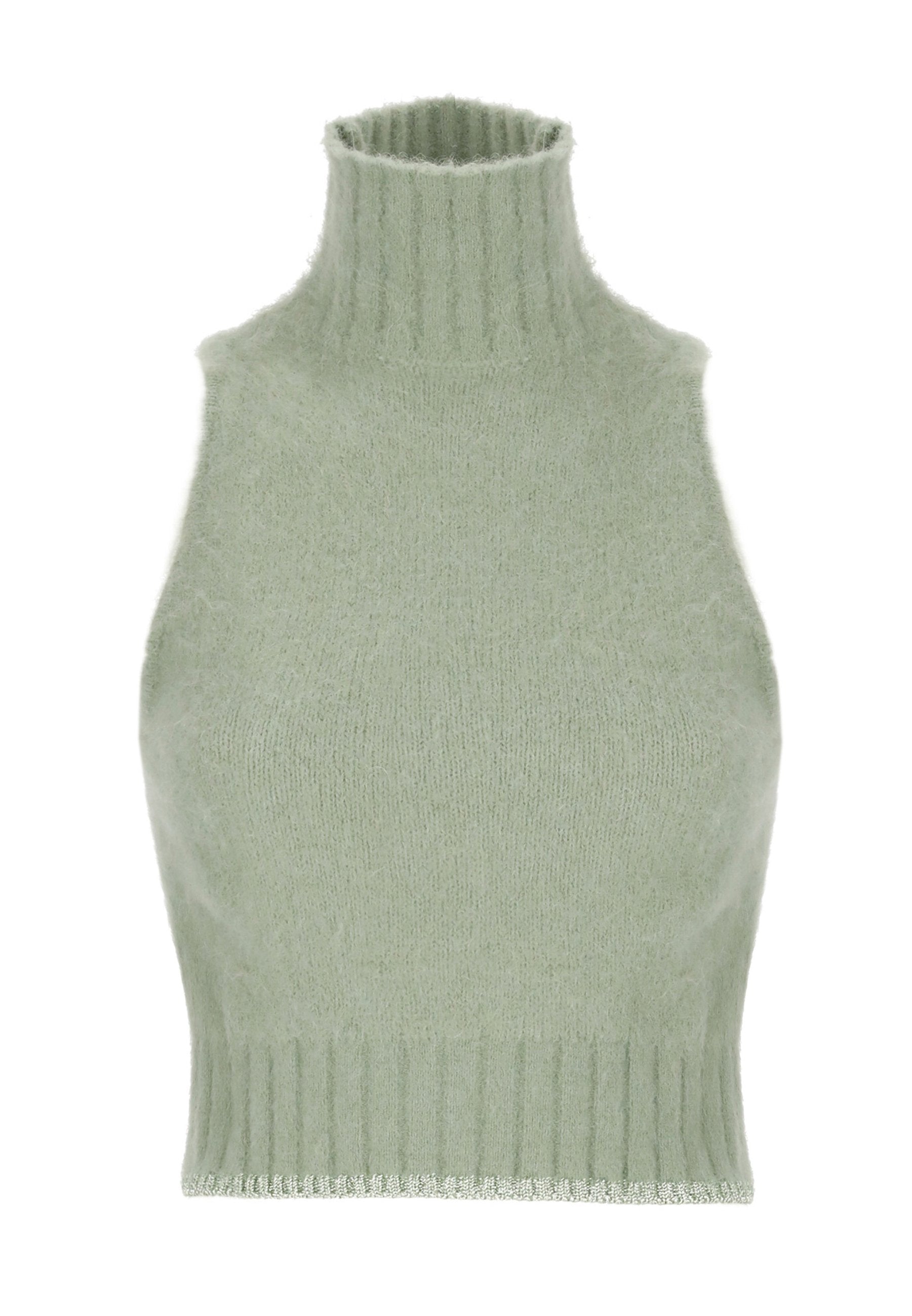 Grünes gestricktes ärmelloses Rollkragenoberteil mit geripptem Muster, hohem Kragen und figurbetontem Design, aus weichem, flauschigem Material.