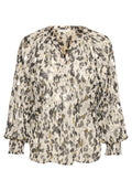 Langärmlige Bluse mit beigem, schwarzem und goldenem abstraktem Leopardenmuster, gerafften Manschetten und einem kleinen V-Ausschnitt.