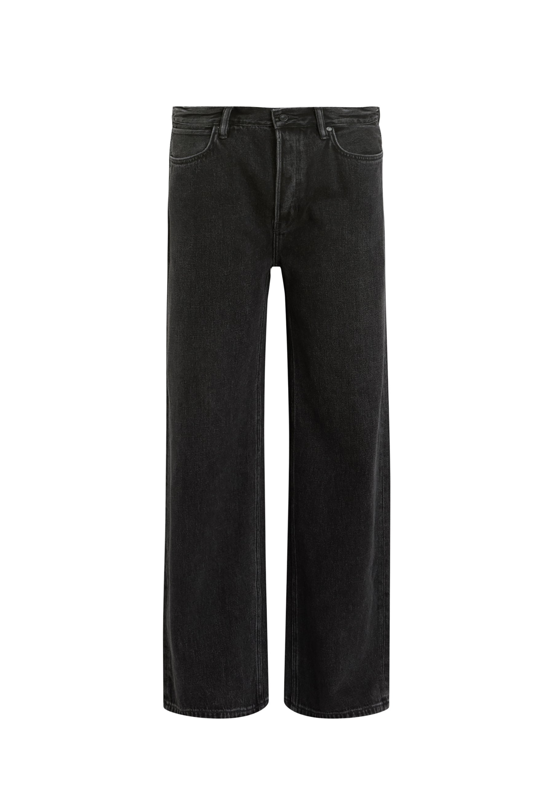 Schwarze, weit geschnittene Jeans aus Denim mit hoher Taille, im klassischen Fünf-Taschen-Design und subtilem Verblassen für eine strukturierte Optik.