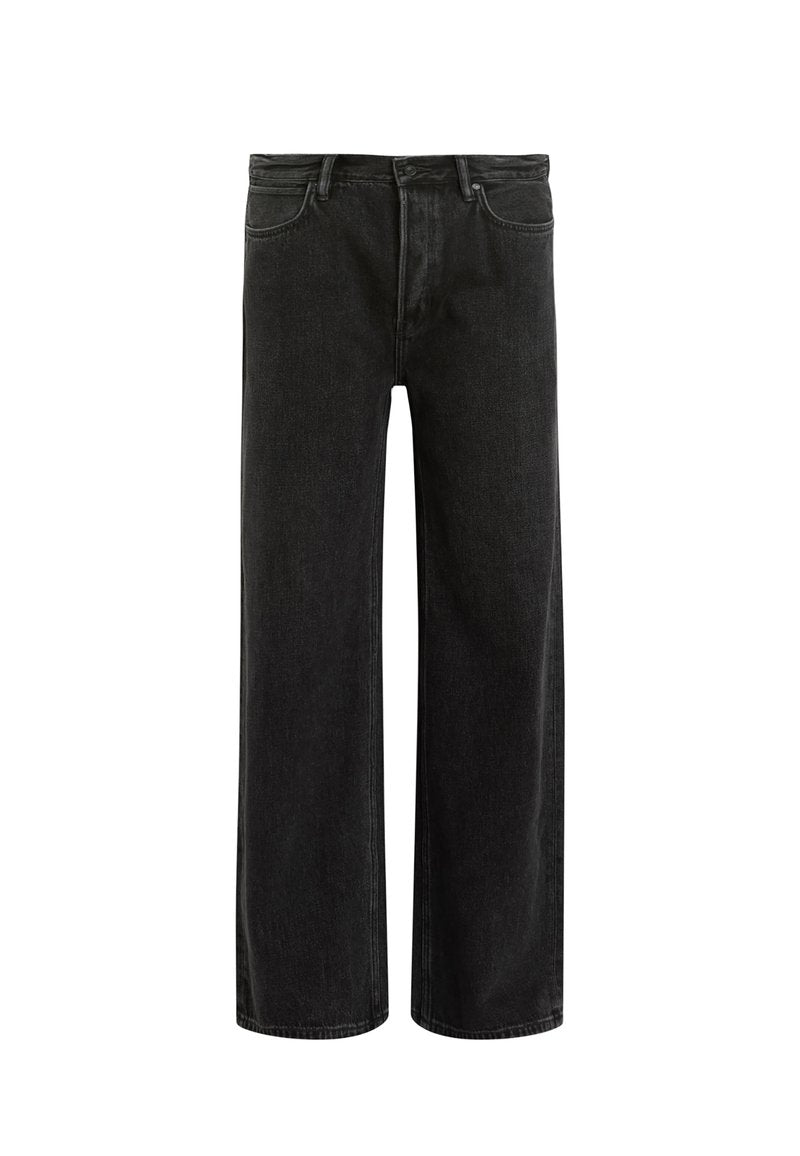 Schwarze, weit geschnittene Jeans aus Denim mit hoher Taille, im klassischen Fünf-Taschen-Design und subtilem Verblassen für eine strukturierte Optik.