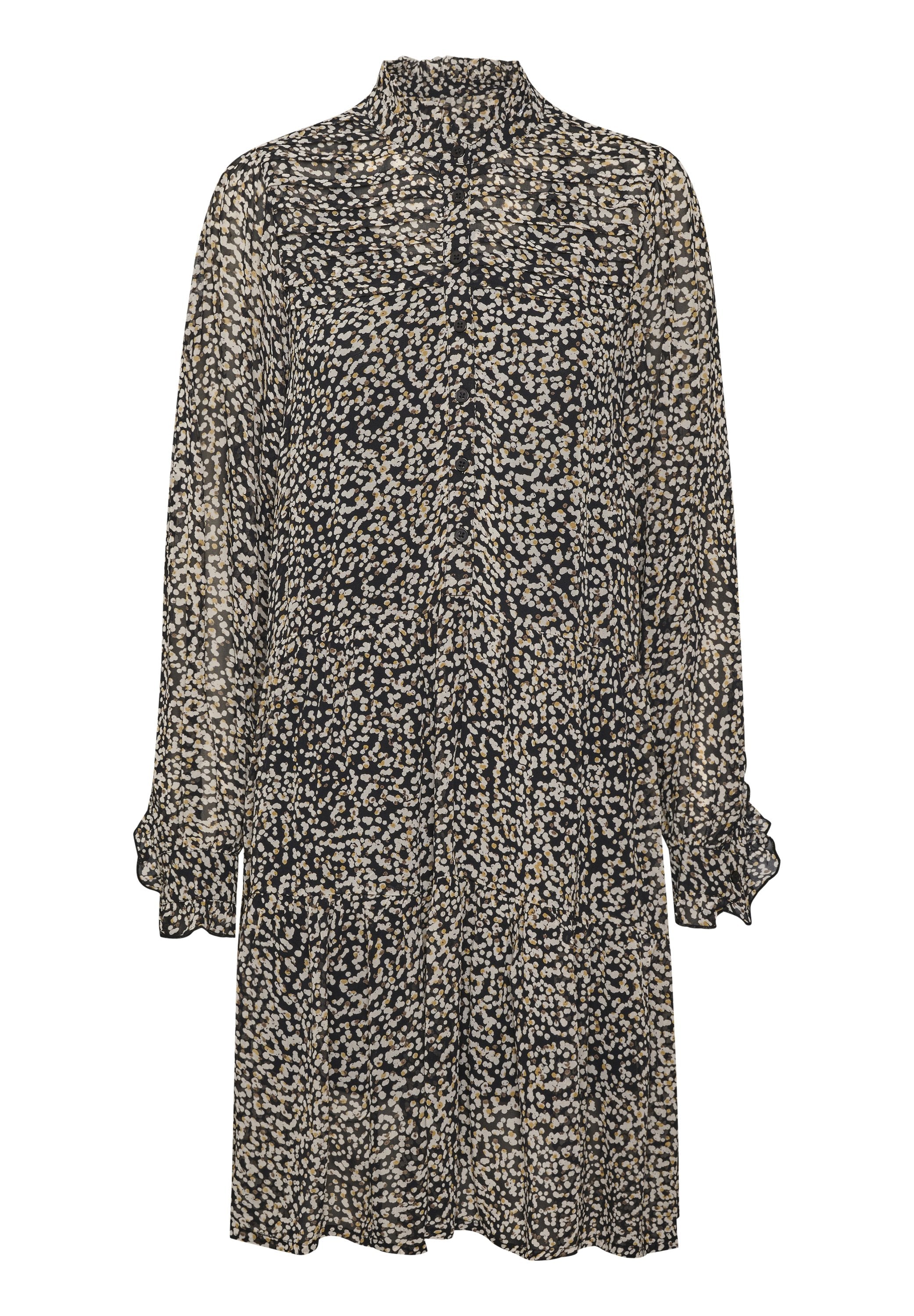 Schwarzes transparenter Kleid mit hohem Kragen, geknöpften Vorderseite und langen, gepufften Ärmeln, verziert mit einem verstreuten weißen und beigen Muster.