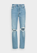 Hellblaue Denim-Jeans mit hoher Taille, geradem Bein und ausgefransten Knie-Rissen. Mit klassischer Naht und standardmäßigem Knopfverschluss.