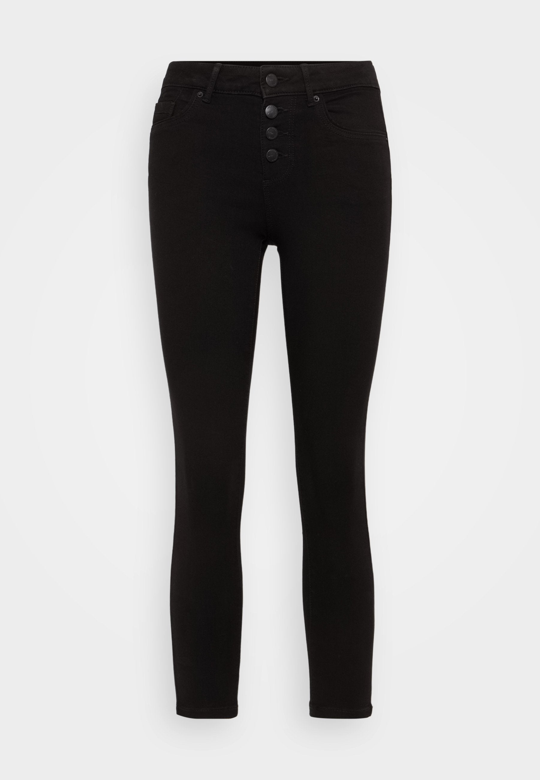 Schwarze, hochgeschnittene Skinny-Jeans mit einer Fünf-Knopf-Verschlussfront, zwei Fronttaschen und einer eleganten, glatten Stoffstruktur.