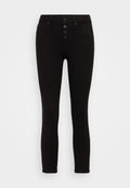 Schwarze, hochgeschnittene Skinny-Jeans mit einer Fünf-Knopf-Verschlussfront, zwei Fronttaschen und einer eleganten, glatten Stoffstruktur.