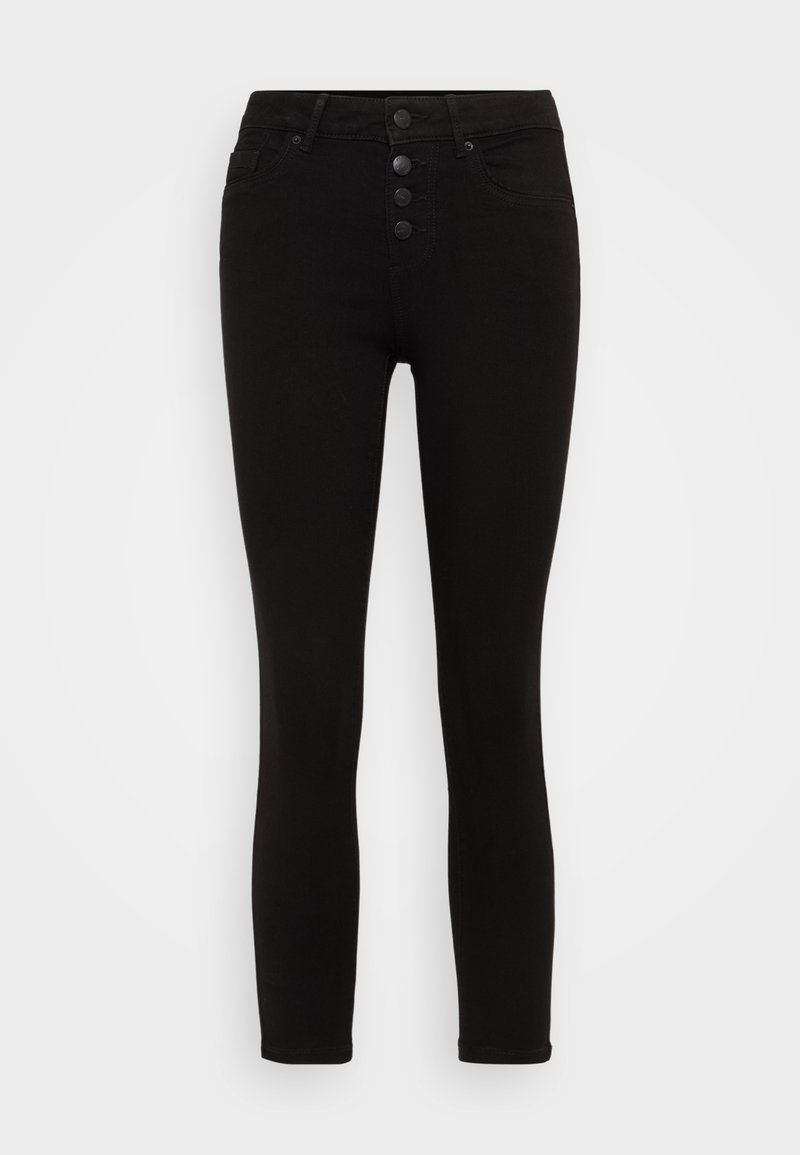 Schwarze, hochgeschnittene Skinny-Jeans mit einer Fünf-Knopf-Verschlussfront, zwei Fronttaschen und einer eleganten, glatten Stoffstruktur.