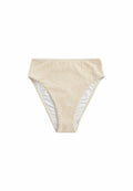 Hoch taillierte Bikinihose aus strukturiertem beigem Stoff mit weißer Innenauskleidung. Mit einem glatten Taillenbund und einer geschwungenen Schnittführung an den Seiten.