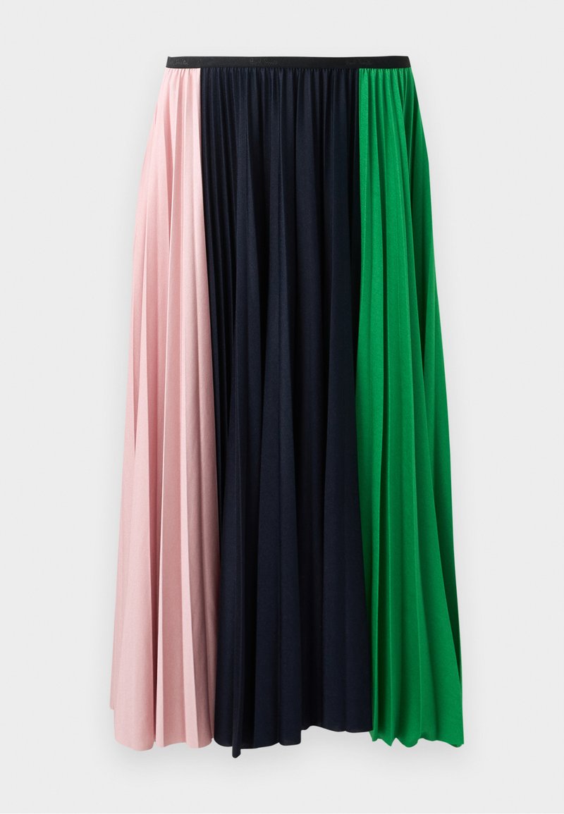 Faltenrock mit Paneelen in Pink, Navy und Grün. Aus weichem Stoff gefertigt und mit einem elastischen Bund für eine bequeme Passform.