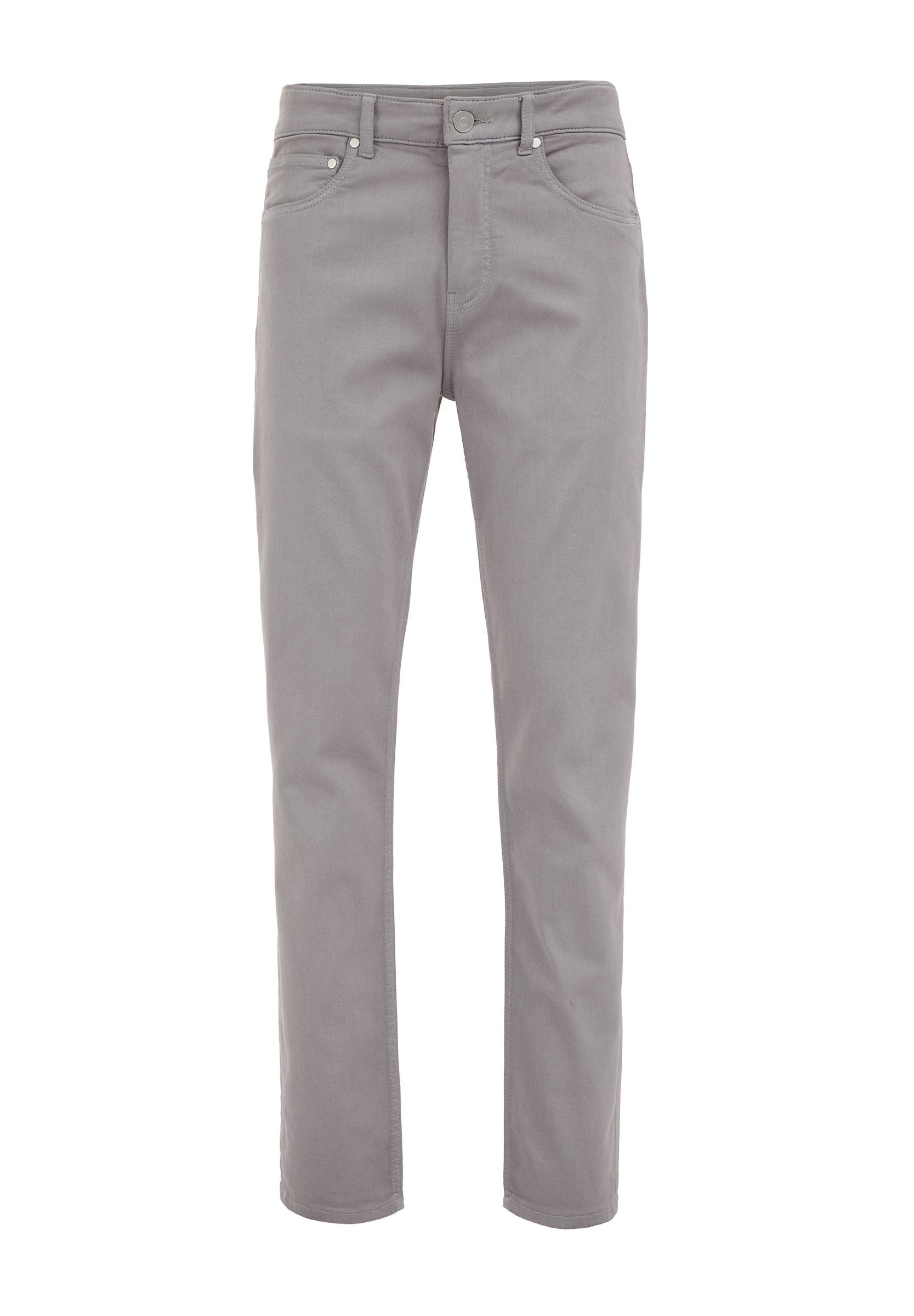 Graue Jeans mit geradem Schnitt, mit Knopfleiste, Gürtelschlaufen und Fronttaschen. Glatte Textur mit minimalistischem Design.