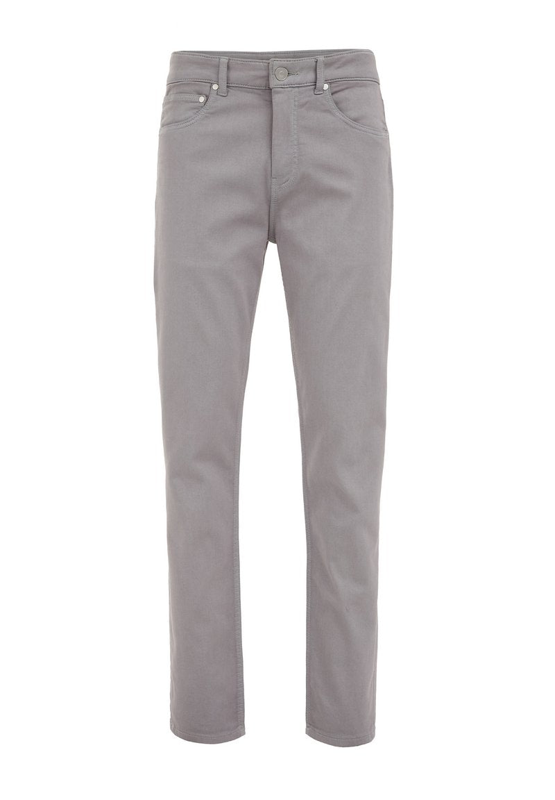Graue Jeans mit geradem Schnitt, mit Knopfleiste, Gürtelschlaufen und Fronttaschen. Glatte Textur mit minimalistischem Design.