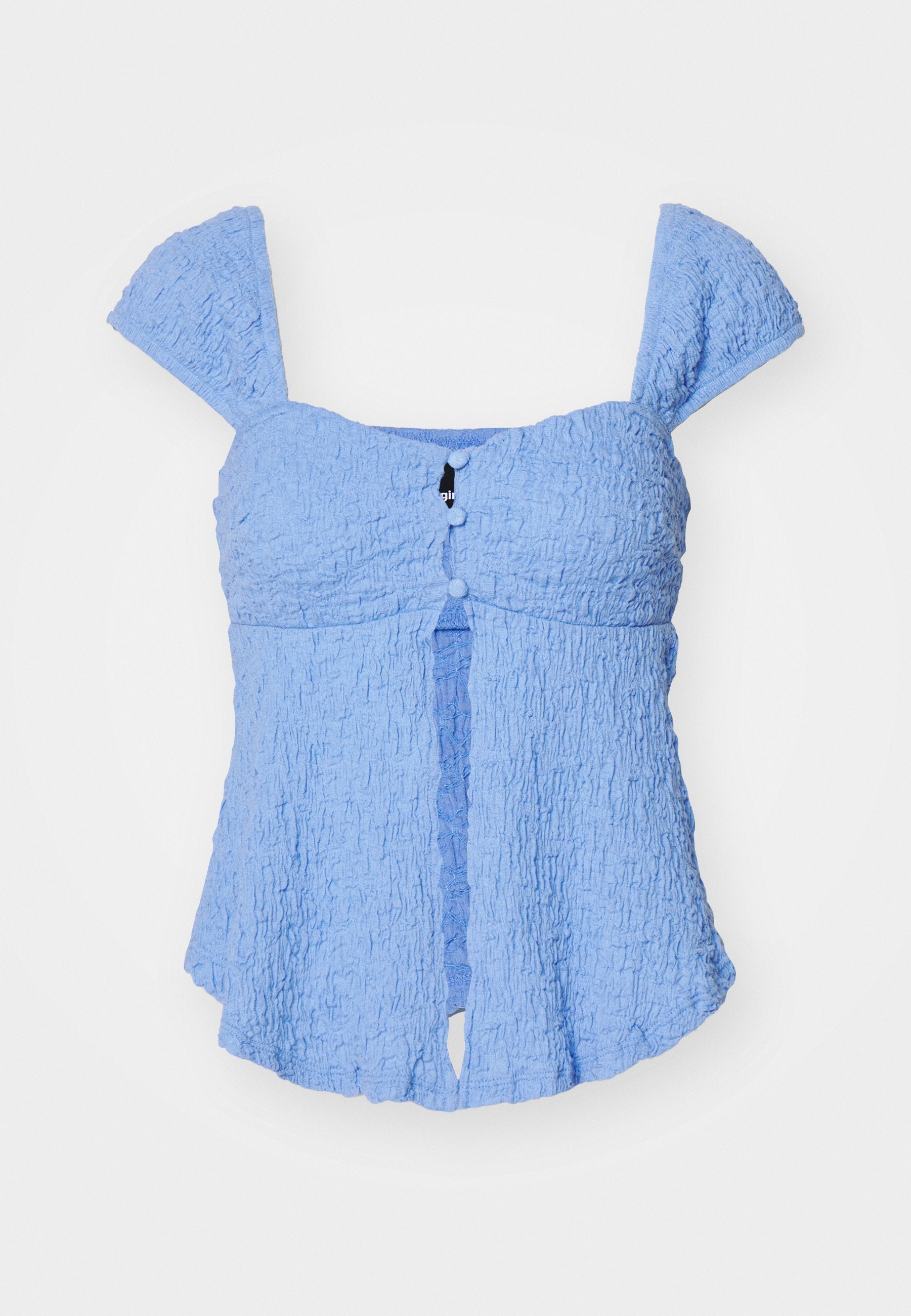 Hellblau, strukturiertes Oberteil mit Puffärmeln, einer Schlüsselöffnungsdetail und Knopfdetails auf der Vorderseite. Weicher Stoff und lässige Silhouette.