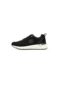 Schwarze gestrickte Sneakers mit runder Zehe, goldenen Akzenten und einer weißen gepolsterten Sohle. Verfügt über eine Zuglasche und strukturierte Oberflächen.