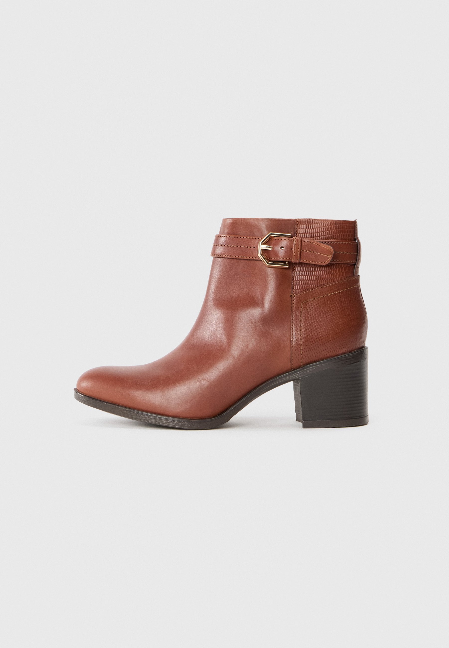 Braune Leder-Stiefelette mit runder Zehenpartie, niedrigem Blockabsatz und einem strukturierten Band mit goldener Schnalle. Glatte Oberfläche insgesamt.