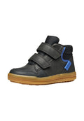 Schwarze High-Top-Sneaker mit zwei Klettverschlüssen, strukturiertem Synthetik-Obermaterial, kontrastierenden blauen Akzenten und einer Sohle aus Gummi.