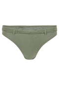 Olivgrüner Bikini-Unterteil aus weichem Stretchstoff, bestehend aus einem niedrig geschnittenen Design mit dekorativen, geknoteten Akzenten am Bund.