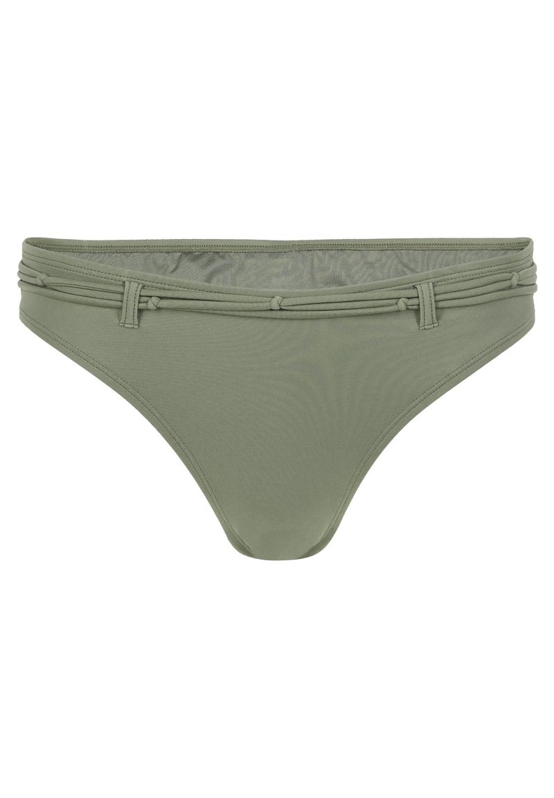 Olivgrüner Bikini-Unterteil aus weichem Stretchstoff, bestehend aus einem niedrig geschnittenen Design mit dekorativen, geknoteten Akzenten am Bund.