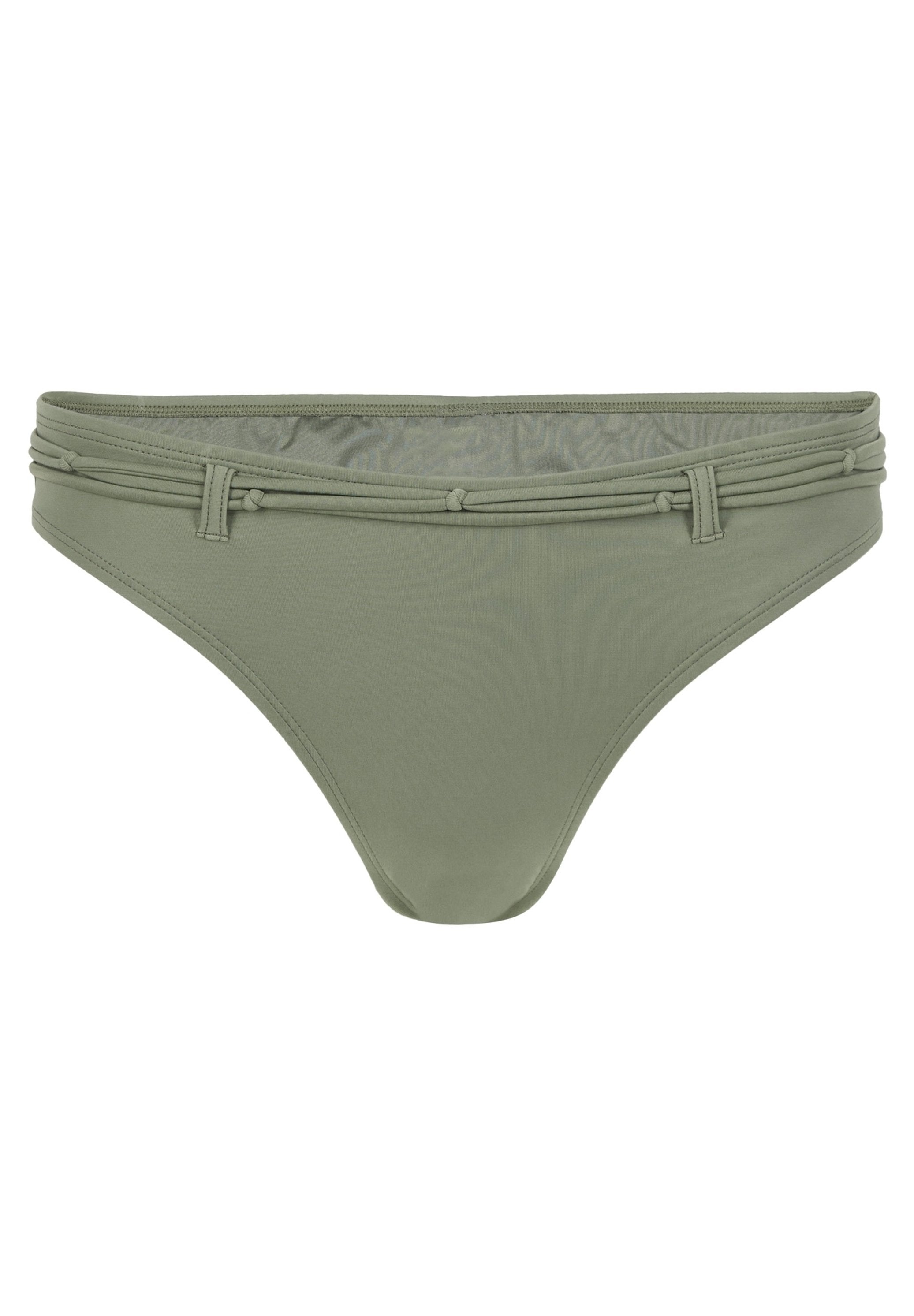 Olivgrüner Bikini-Unterteil aus weichem Stretchstoff, bestehend aus einem niedrig geschnittenen Design mit dekorativen, geknoteten Akzenten am Bund.
